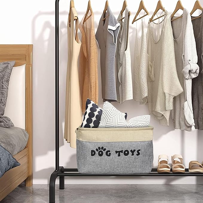 PET ARTIST Dog Toy Basket, Collapsible Dog Toy Bin Box with Comfortable Handles, Large Pet Toy Storage Basket Organizer for Accessories, Toys, Coat & Clothing, Blanket & Leash, Gray, 15"x11"x9"
