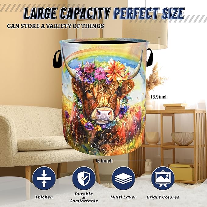 Watercolor Highland Cow Laundry Hamper Oxford Cloth Animal Flowers Laundry Basket With Handle Portable Clothes Storage Basket Foldable Laundry Bag 18.9"x16.5" For Laundry Room/Bedroom/Bathroom