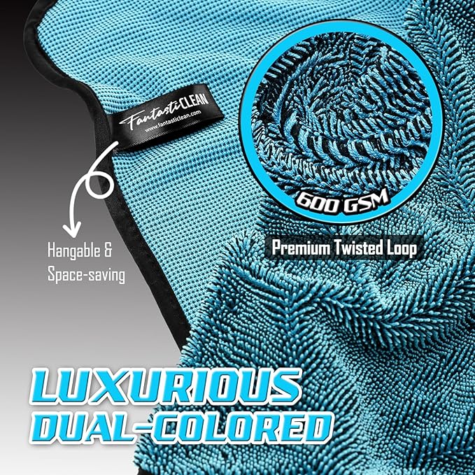 Fantasticlean Large Car Drying Towels- 2 Pack, 32‘’ by 24'' - Premium Microfiber Cleaning Cloth with Dual-Colored Twisted Loop, Ultra Absorbent, Scratch-Free for Instant Car Detailing (Blue)