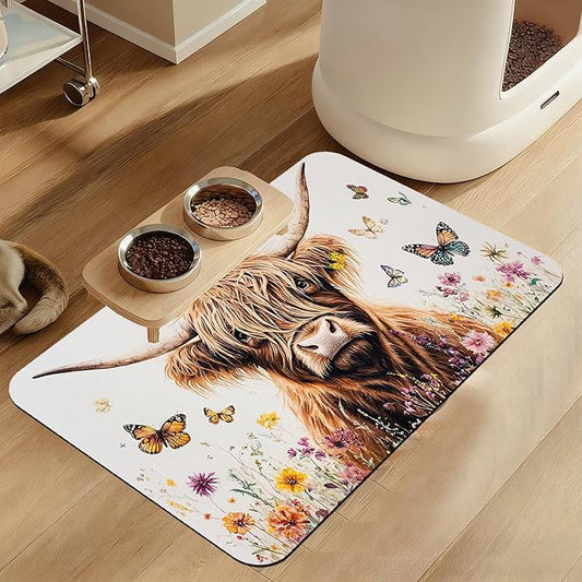 Highland Cow Butterfly Dog Food Mat–Absorbent Quick Dry Feeding Placemat for Food and Water Bowls, Non Slip Rubber Backing, Waterproof Pet Supplies for Mess-Free Eating 16"x24"
