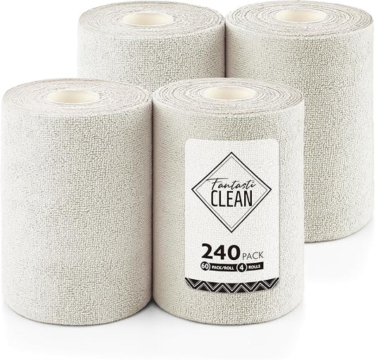 Fantasticlean Microfiber Cleaning Cloth Roll 4 Rolls 240 Pack, Tear Away Paperless Towels, 8" x 8", Reusable Washable Rags, Home Kitchen, Pet, Office, Indoor Outdoor, Compact and Portable (Off-White)