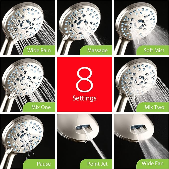 Hotel Spa AquaCare As-Seen-On-TV High Pressure Handheld & Rain 50-mode 3-way Shower Head Combo with Anti-clog Jets, 2-mode Tub & Pet Power Wash, Extra Wall Bracket, 6 ft. Hose, Nickel Finish