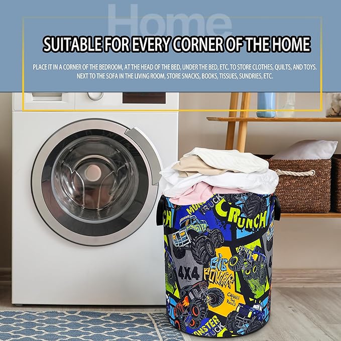 Truck Laundry Basket Big Rig Cartoon Foldable Waterproof Oxford Cloth Funny Tote Bag Laundry Hamper Clothes Storage Bucket Toy Organizer For Bathroom/Laundry Storage/Bedroom 18.9x16.5 Inch