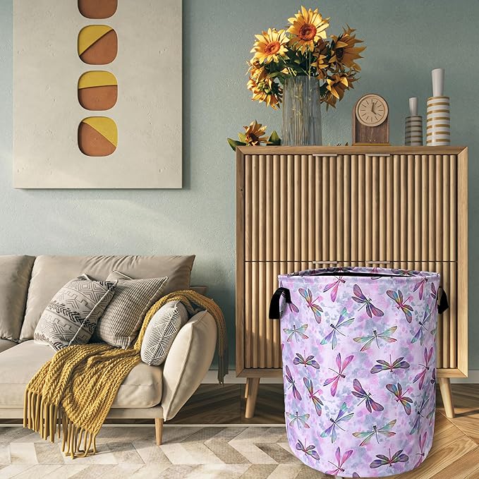 Watercolor Dragonfly Laundry Basket Foldable With Handles Tote Bag Oxford Cloth Colorful Laundry Hamper Clothes Storage Bucket Toy Organizer 18.9"x16.5" For Bathroom/Laundry/Bedroom