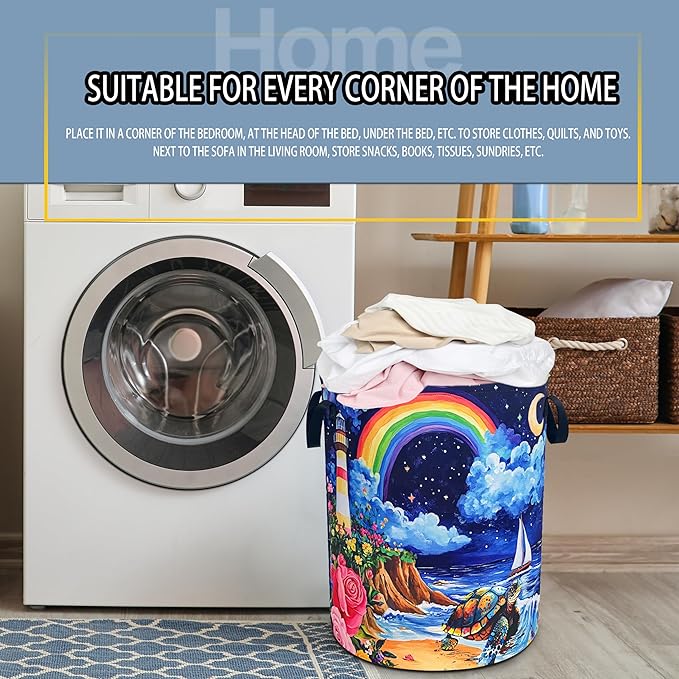Beach Sea Turtle Laundry Basket Rainbow Lighthouse Foldable Waterproof Oxford Cloth Funny Tote Bag Laundry Hamper Clothes Storage Bucket Toy Organizer For Bathroom/Laundry Storage/Bedroom 18.9x16.5 In