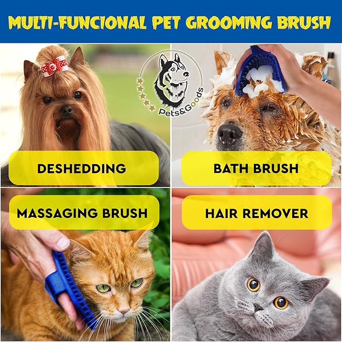 Pets&Goods Rubber Grooming Brush for Dogs & Cats - Gentle Deshedding Bath Brush for Short & Medium Hair - Soft Bristles, Anti-Slip Grip, Easy to Clean