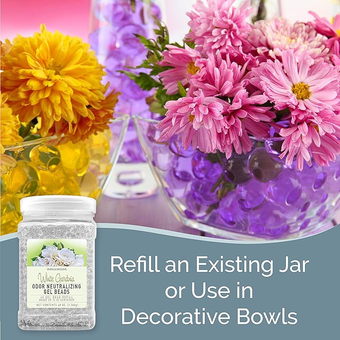 SMELLS BEGONE 48 oz Odor Eliminator Gel Bead Refill - Eliminates Odors from Bathrooms, Cars, Boats, RVs and Pet Areas - Air Freshener - Made with Essential Oils - White Gardenia Scent