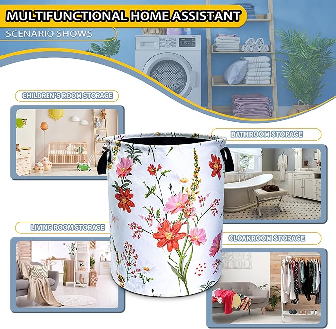 Beautiful Flowers Laundry Basket Pink Red Floral Foldable Oxford Cloth Funny Tote Bag Laundry Hamper Clothes Storage Bucket Toy Organizer For Bathroom/Laundry Storage/Bedroom 18.9x16.5 Inch