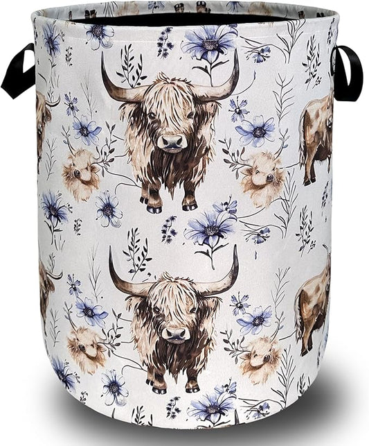 Watercolor Highland Cow Laundry Hamper With Handles Foldable Oxford Cloth Purple Flower Tote Bag Cows Laundry Basket Clothes Toy Storage Bucket 18.9" x 16.5"For Bathroom/Laundry/Bedroom