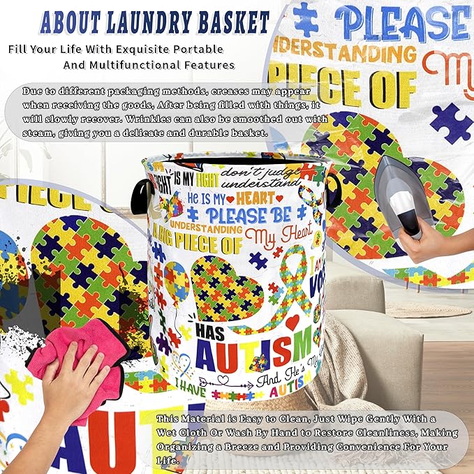 Autism Awareness Ribbon Laundry Hamper Oxford Cloth Funny Autism Laundry Basket With Handle Portable Clothes Storage Basket Foldable Laundry Bag 18.9"x16.5" For Laundry Room/Bedroom/Bathrooms