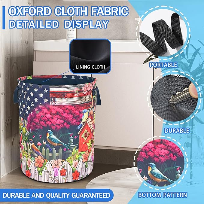 American Flag Garden Birds Laundry Basket Oxford Cloth Laundry Hamper With Handle Foldable Portable Clothes Storage Basket 18.9 X 16.5 In Storage Bag For Laundry Room/Bathroom/Bedroom/Dormitories