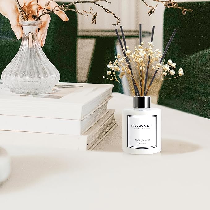 Flower Reed Diffuser Set,5.1 fl oz White Jasmine Scent Diffuser with Sticks Home Fragrance Reed Diffuser with Essential Oil for Bathroom Shelf Decor&Air Freshener,Home Bathroom Office Decor