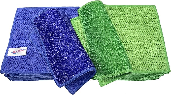 12 Pack Microfiber Scrub Dish Cleaning Cloth, Non-Scratch, Reusable & Durable for Pan Pot Dish Cooktop Stovetop Counter Kitchen Household, Machine Washable, 5.5 x 5.5 Inch, Blue & Green Assorted