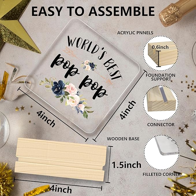 Pop Pop Gifts, Grandpa Gifts, World's Best Pop Pop Acrylic Plaque, Papa Gifts from Grandkids, Pops Gifts for Grandpa, Best Grandpa Gifts Acrylic Sign Desk Table Shelf Decor