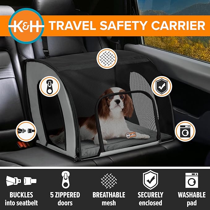 K&H Pet Products Enclosed Dog Car Seat, Travel Safety Carrier for Pets, Dog Travel Car Seat, Soft-Sided Covered Cat Carrier, Washable Pad, Multiple Entrances, Mesh Windows - Medium 24 X 19 X 17in