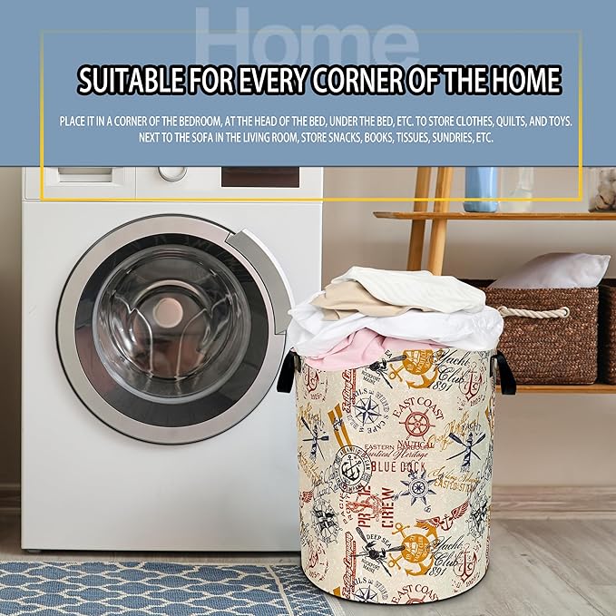 Anchor Laundry Basket Compass Seafaring Foldable Oxford Cloth Funny Tote Bag Laundry Hamper Clothes Storage Bucket Toy Organizer For Bathroom/Laundry Storage/Bedroom 18.9x16.5 Inch