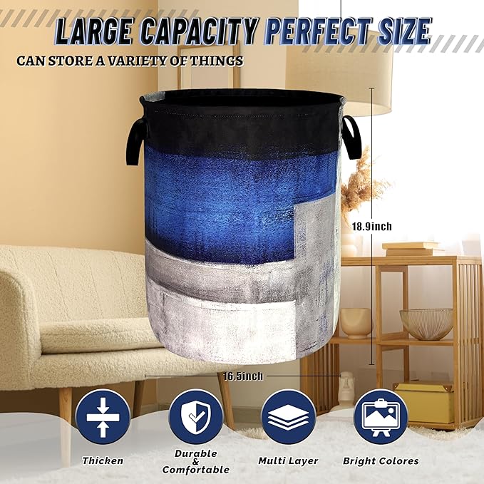 Abstract Blue Grey Striped Laundry Basket Foldable Colorful Laundry Hamper With Handle Oxford Cloth Portable Clothes Storage Organizer Basket 18.9"x16.5"Laundry Bag For Laundry Room/Bedroom/Bathrooms
