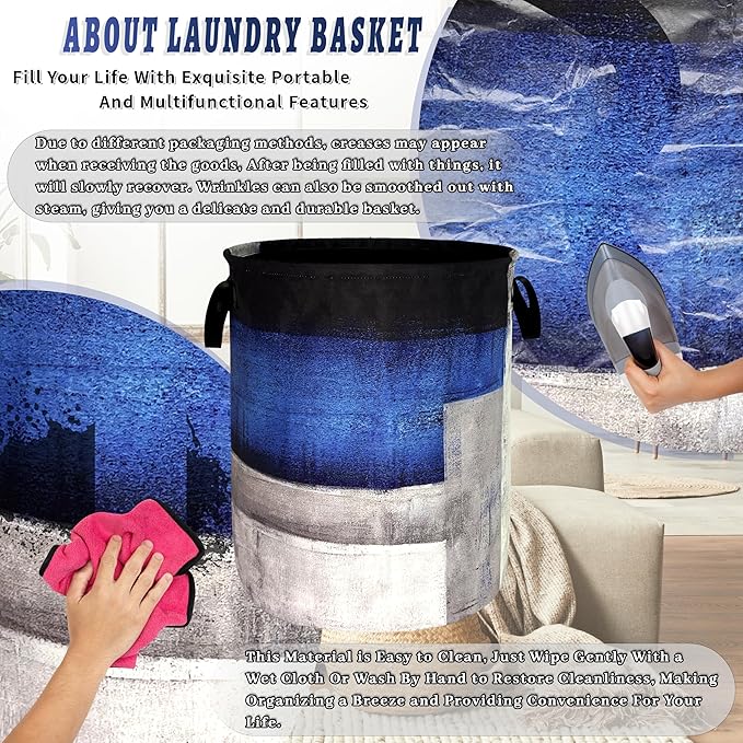 Abstract Blue Grey Striped Laundry Basket Foldable Colorful Laundry Hamper With Handle Oxford Cloth Portable Clothes Storage Organizer Basket 18.9"x16.5"Laundry Bag For Laundry Room/Bedroom/Bathrooms