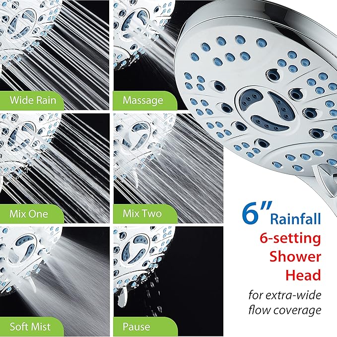 Hotel Spa AquaCare As-Seen-On-TV High Pressure Handheld/Rain 50-mode 3-way Shower Head Combo with Adjustable Arm - Anti-clog Nozzles, Tub & Pet Power Wash, 6 ft. Hose, All Chrome Finish