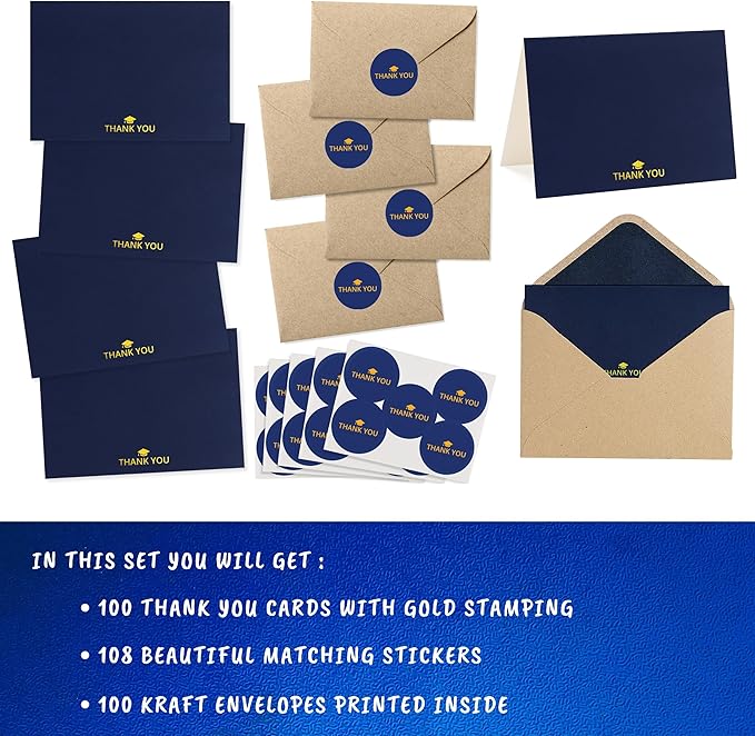 100 Bulk Navy Graduation Thank You Cards with Kraft Envelopes and stickers - 4 Minimalistic Designs Blank Thank You Notes with Envelopes navy blue Graduation cards