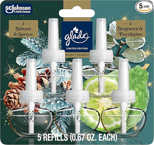 Glade PlugIns Refills Air Freshener, Balsam & Spruce and Bergamot & Eucalyptus, Scented and Essential Oils for Home and Bathroom, 0.67 Fl Oz, 5 Count