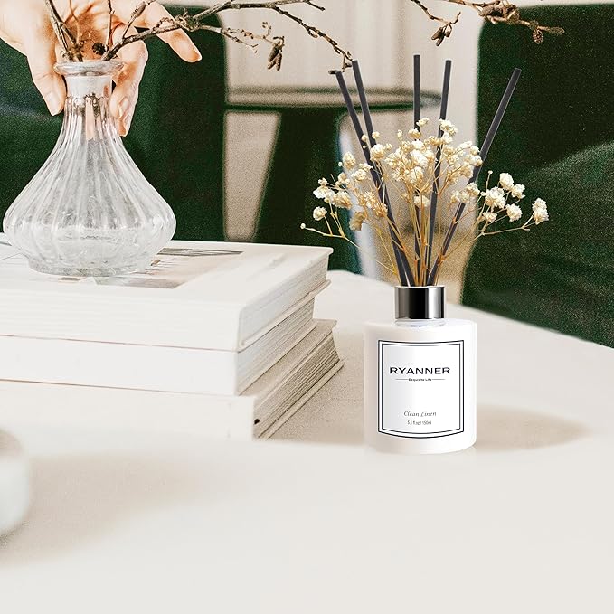 Reed Diffuser Set,5.1 fl oz Clean Linen Scent Diffuser with Sticks Home Fragrance Reed Diffuser with Essential Oil for Bathroom Shelf Decor&Air Freshener,Home Bathroom Office Decor & Gifts