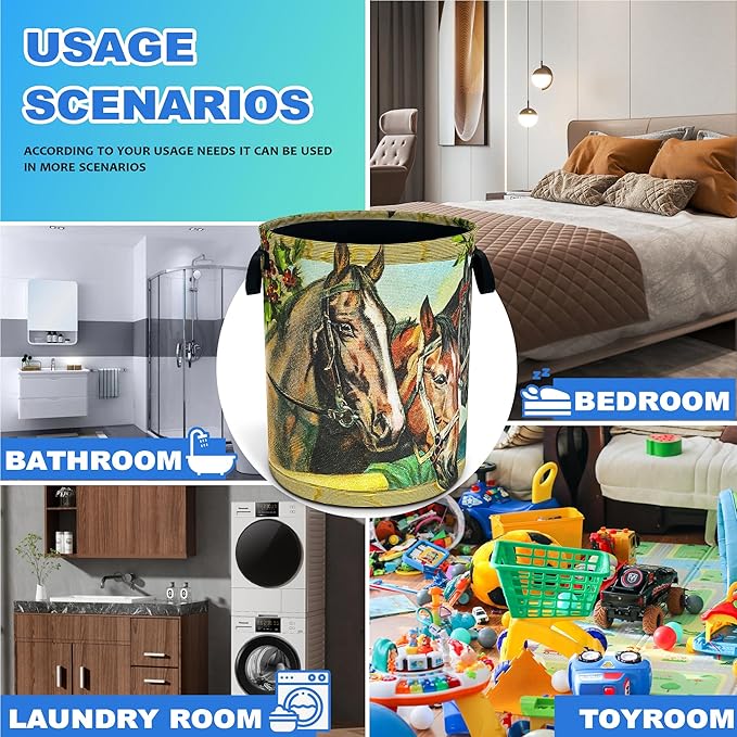 Horse Laundry Basket Riding Animal Oxford Cloth Laundry Hamper Funny With Handle Foldable Portable Clothes Storage Basket 18.9 X 16.5 In Storage Bag For Laundry Room/Bathroom/Bedroom/Dormitories