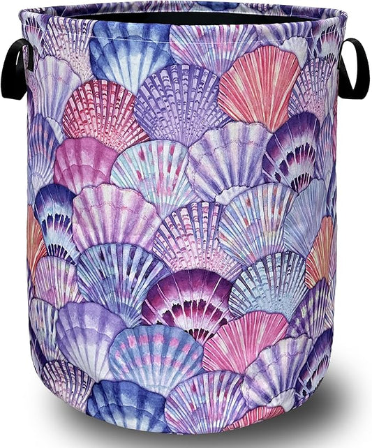 Watercolor Seashell Laundry Basket With Handles Oxford Cloth Tote Bag Colorful Laundry Hamper18.9"x16.5 "Foldable Clothe Storage Bucket Toy Organizer For Bathroom/Laundry/Bedroom