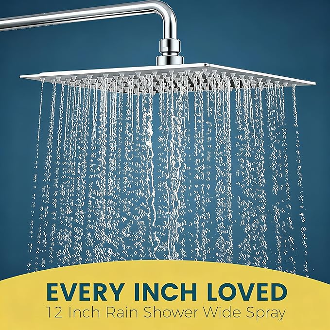 12 Inch Rain Shower Head with 8-Setting Handheld Spray Combo, Metal Height Adjustable Shower Arm, Slide Bar with Holder, Stainless Steel Hose, Chrome