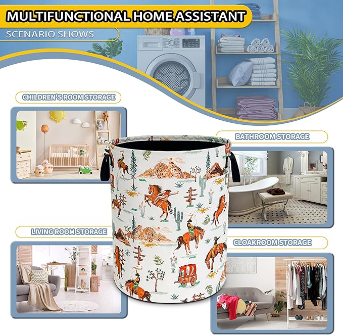 Western Cowboy Laundry Basket Horse Riding Foldable Waterproof Oxford Cloth Funny Tote Bag Laundry Hamper Clothes Storage Bucket Toy Organizer For Bathroom/Laundry Storage/Bedroom 18.9x16.5 Inch