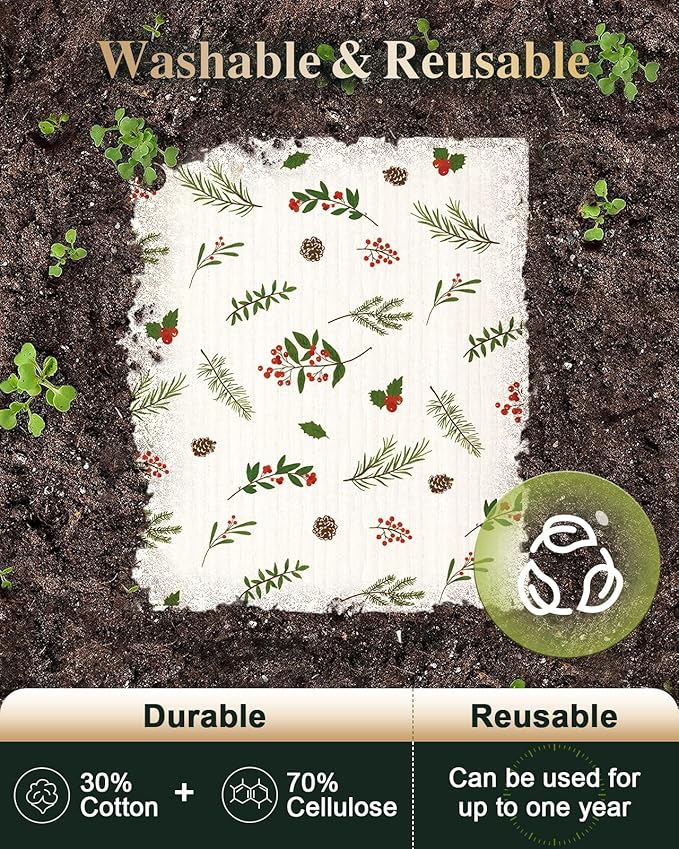 6 Pack Christmas Swedish Dishcloths for Kitchen - Reusable Dish Cloths for Washing Dishes Absorbent Cute Holiday Kitchen Towels Cleaning Sponge, Green Xmas Theme