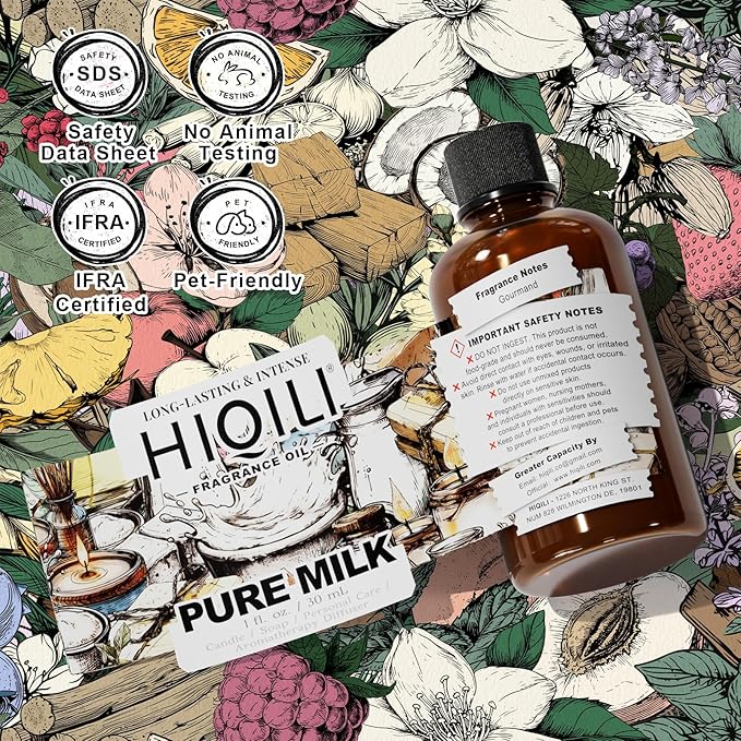 HIQILI Pure Milk Fragrance Oil for Home Diffuser, Ideal for Making Soap, Candles, Sugar Scrub, Skin & Body, Pet Safe - 1 Fl Oz