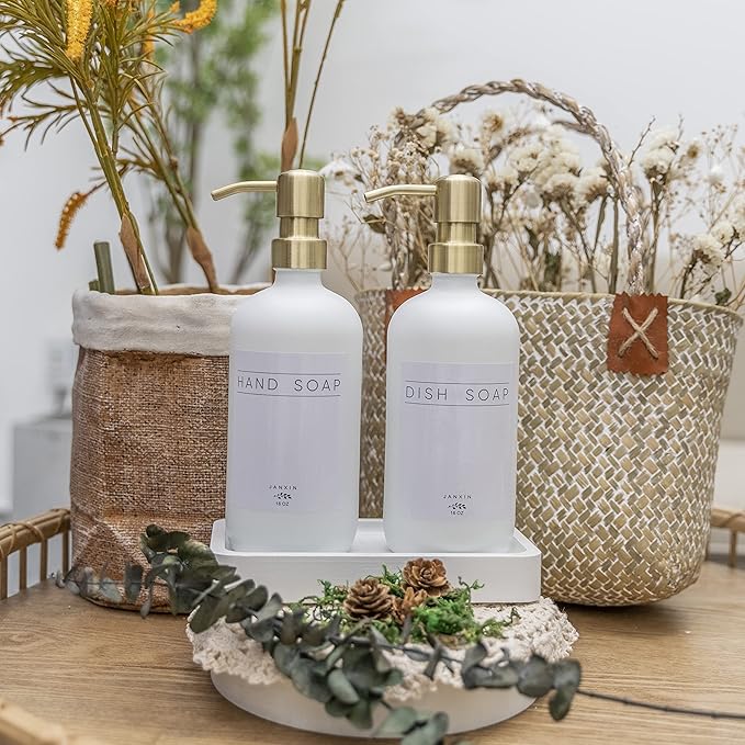 Glass Soap Dispenser for Kitchen with Stainless Steel Pump and Wood Tray, Modern Bathroom Dispenser with Waterproof Labels for Hand, Dish Soap, Lotion(White Bottles+Gold Pumps)