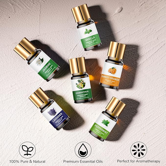 Essential Oils Set for Diffuser, Aromatherapy Oils 20 * 10 ml, 100% Organic Fragrance Oil Kit for Humidifier, Skin Care, Candle Making, Peppermint, Lavender, Eucalyptus, Jasmine, Ylang Ylang & More