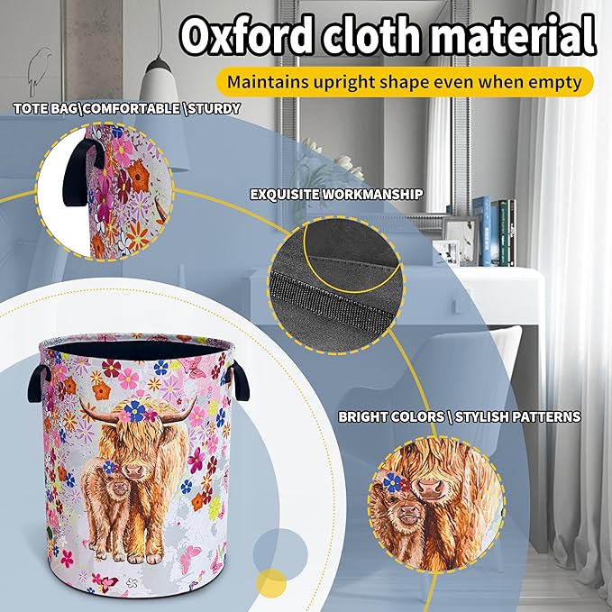 Highland Cow Laundry Basket Cute Cattle Foldable Waterproof Oxford Cloth Funny Tote Bag Laundry Hamper Clothes Storage Bucket Toy Organizer For Bathroom/Laundry Storage/Bedroom 18.9x16.5 Inch