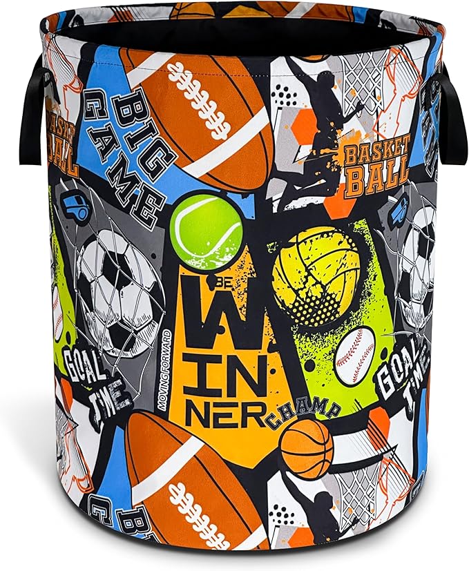 Ball Game Laundry Basket Sports Foldable Waterproof Oxford Cloth Funny Tote Bag Laundry Hamper Clothes Storage Bucket Toy Organizer For Bathroom/Laundry Storage/Bedroom 18.9x16.5 Inch