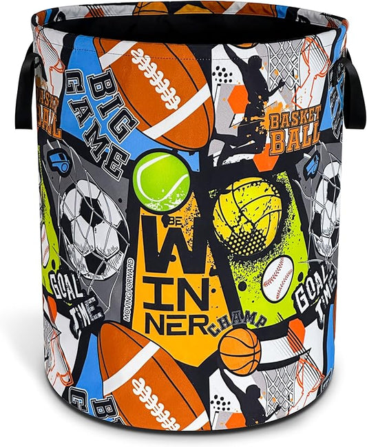 Ball Game Laundry Basket Sports Foldable Waterproof Oxford Cloth Funny Tote Bag Laundry Hamper Clothes Storage Bucket Toy Organizer For Bathroom/Laundry Storage/Bedroom 18.9x16.5 Inch