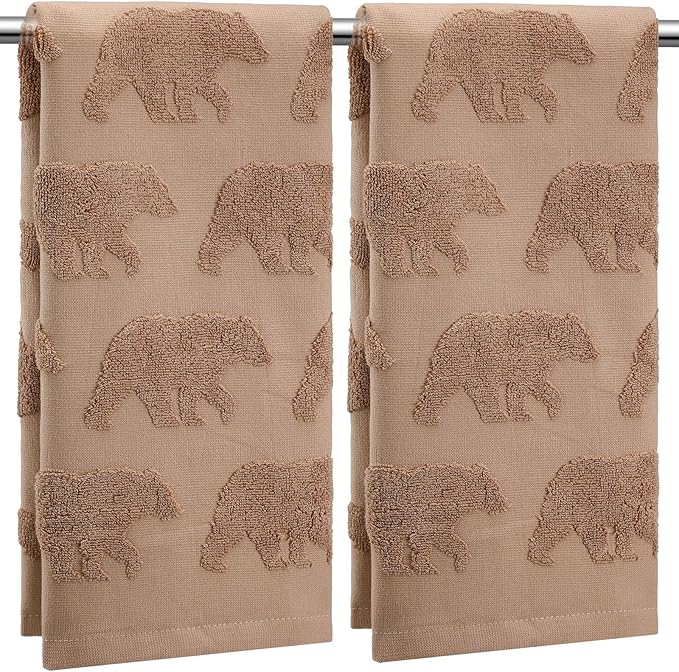 2 Pcs Bear Hand Towels for Bathroom, Brown Cabin Bear Woodland 100% Cotton Absorbent Jacquard Weave Decorative Towels for Bathroom Kitchen Decor Gift, 13.7 x 29.5 Inch