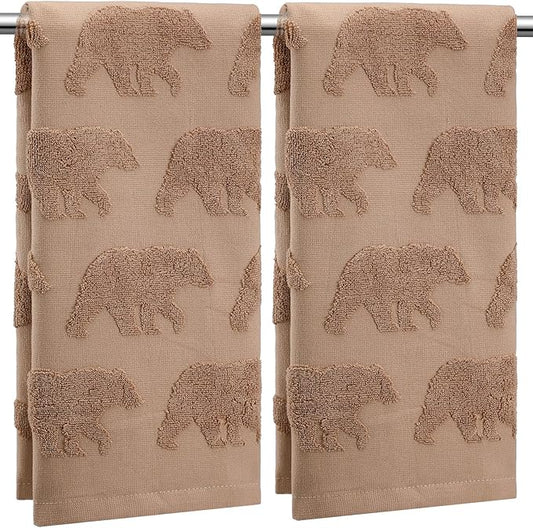 2 Pcs Bear Hand Towels for Bathroom, Brown Cabin Bear Woodland 100% Cotton Absorbent Jacquard Weave Decorative Towels for Bathroom Kitchen Decor Gift, 13.7 x 29.5 Inch