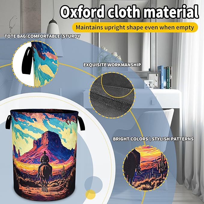 Western Cowboy Laundry Basket Desert Mountains Foldable Oxford Cloth Funny Tote Bag Laundry Hamper Clothes Storage Bucket Toy Organizer For Bathroom/Laundry Storage/Bedroom 18.9x16.5 Inch