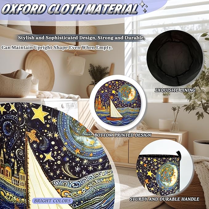 Watercolor Starry Sky Laundry Hamper Oxford Cloth Colorful Moon Laundry Basket With Handle Portable Clothes Storage Basket Foldable Laundry Bag 18.9"x16.5" For Laundry Room/Bedroom/Bathroom