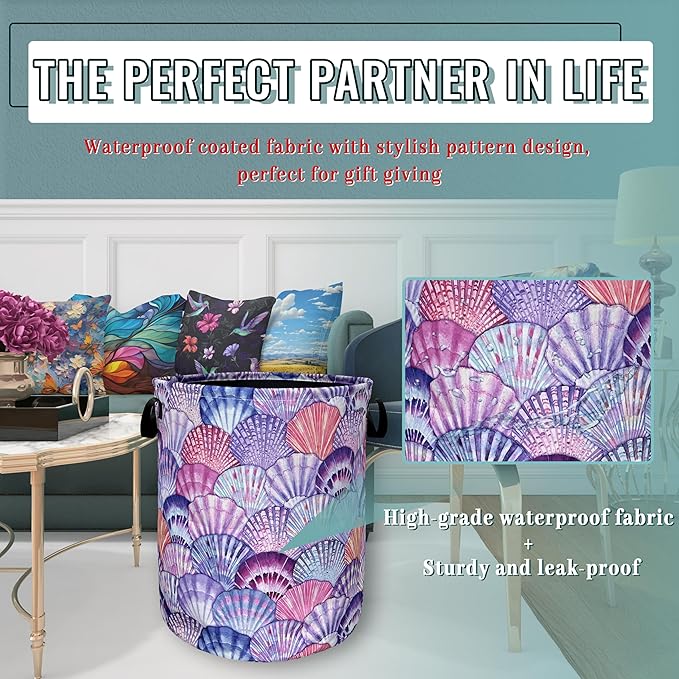 Watercolor Seashell Laundry Basket With Handles Oxford Cloth Tote Bag Colorful Laundry Hamper18.9"x16.5 "Foldable Clothe Storage Bucket Toy Organizer For Bathroom/Laundry/Bedroom