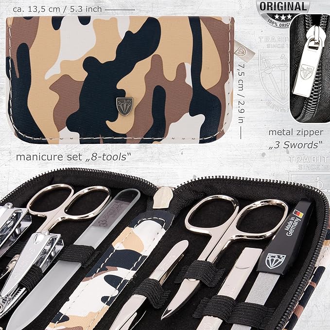 3 Swords Germany - brand quality 8 piece manicure pedicure grooming kit set synthetic leather case camouflage - Made in Germany