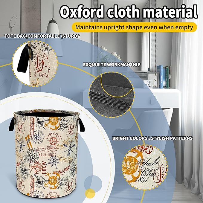 Anchor Laundry Basket Compass Seafaring Foldable Oxford Cloth Funny Tote Bag Laundry Hamper Clothes Storage Bucket Toy Organizer For Bathroom/Laundry Storage/Bedroom 18.9x16.5 Inch