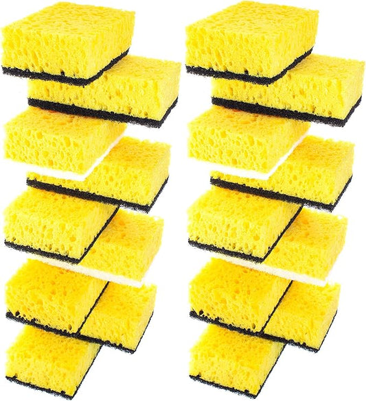 Yellow Multi Use Scrub Sponge. Made in Europe. Large Pack of 18. 4.3x2.8x1.4 inches. Black Heavy Duty & White Non Scratch Fiber. Best Odorless & Durable Professional Scrubber for Commercial Use