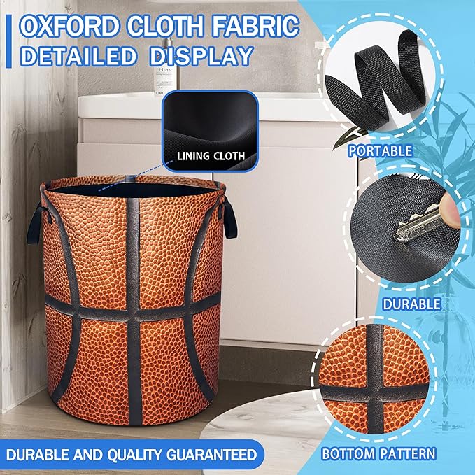 Basketball Laundry Basket Oxford Cloth Ball Texture Laundry Hamper With Handle Foldable Portable Clothes Storage Basket 18.9 X 16.5 Inch Storage Bag For Laundry Room/Bathroom/Bedroom/Dormitories