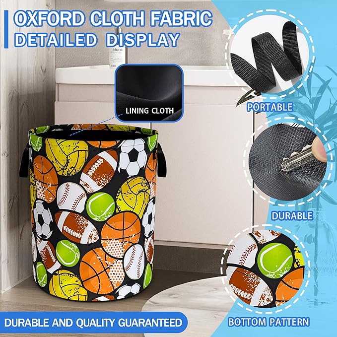 Ball Games Laundry Basket Oxford Cloth Sports Laundry Hamper With Handle Foldable Portable Clothes Storage Basket 18.9 X 16.5 In Storage Bag For Laundry Room/Bathroom/Bedroom/Dormitories