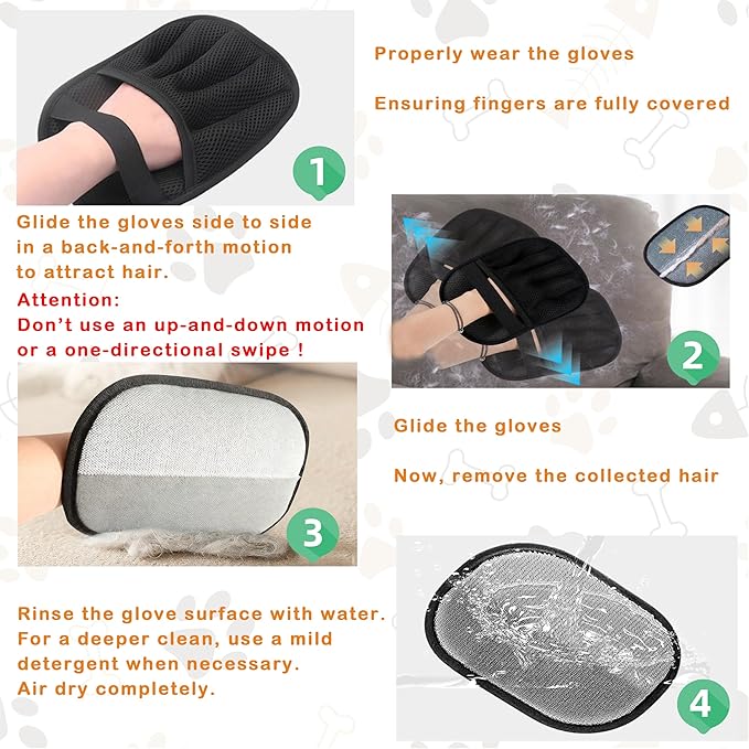 Electrostatic Pet Hair Remover Glove 5-Finger 2x Pack and Self Cleaning Pet Flea Comb Grooming Brush - Furniture& Car Hair Removal Kit Deep & Surface Hair Care (2-Gloves（Black）& 2-Combs(Green,Yellow))