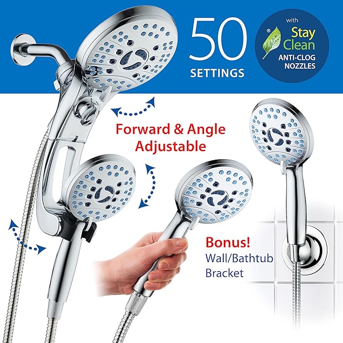 Hotel Spa AquaCare for California As-Seen-On-TV High Pressure Handheld Rain 50-mode 3-way Shower Head Combo with Adjustable Arm, Anti-clog Jets, Tub & Pet Power Wash, 6 ft. Stainless Steel Hose