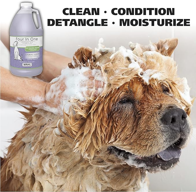 Wahl USA 4-in-1 Calming Pet Shampoo for Dogs with a Lavender Chamomile Scent – Cleans, Conditions, Detangles, & Moisturizes - Pet Friendly Formula – 64 Oz - Model 821000-050